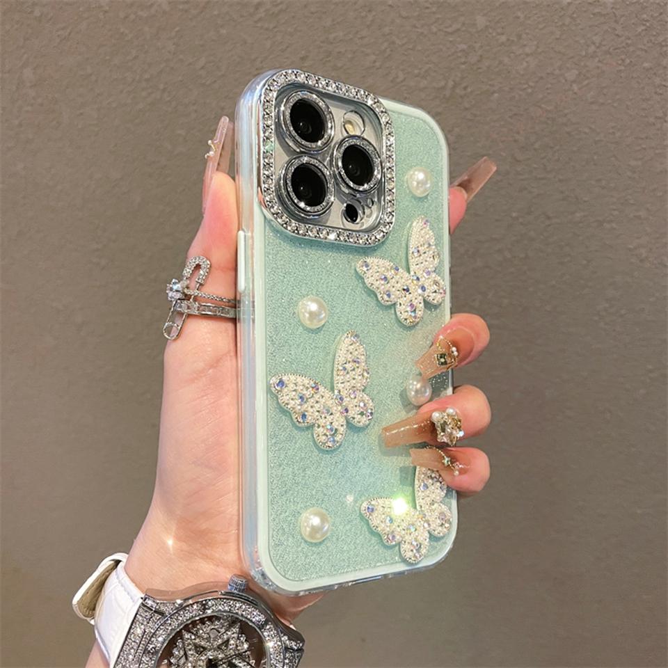 

Блестящий глиттерный жемчужный силиконовый чехол-бабочка для iPhone 16 15 14 13 12 11 Pro Max Plus Роскошный защитный противоударный чехол For iPhone 16