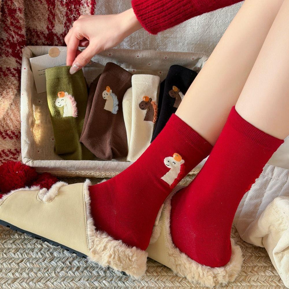 Winter Autumn New Year Tube Socks Cartoon Comfortable Year of The Horse Socks Mid Calf Good Luck Zodiac Year Cotton Socks Women