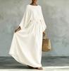 Women Beige Long Sleeve Plunge Neck Tie Waist Maxi Dress Casual Loose Cover Up