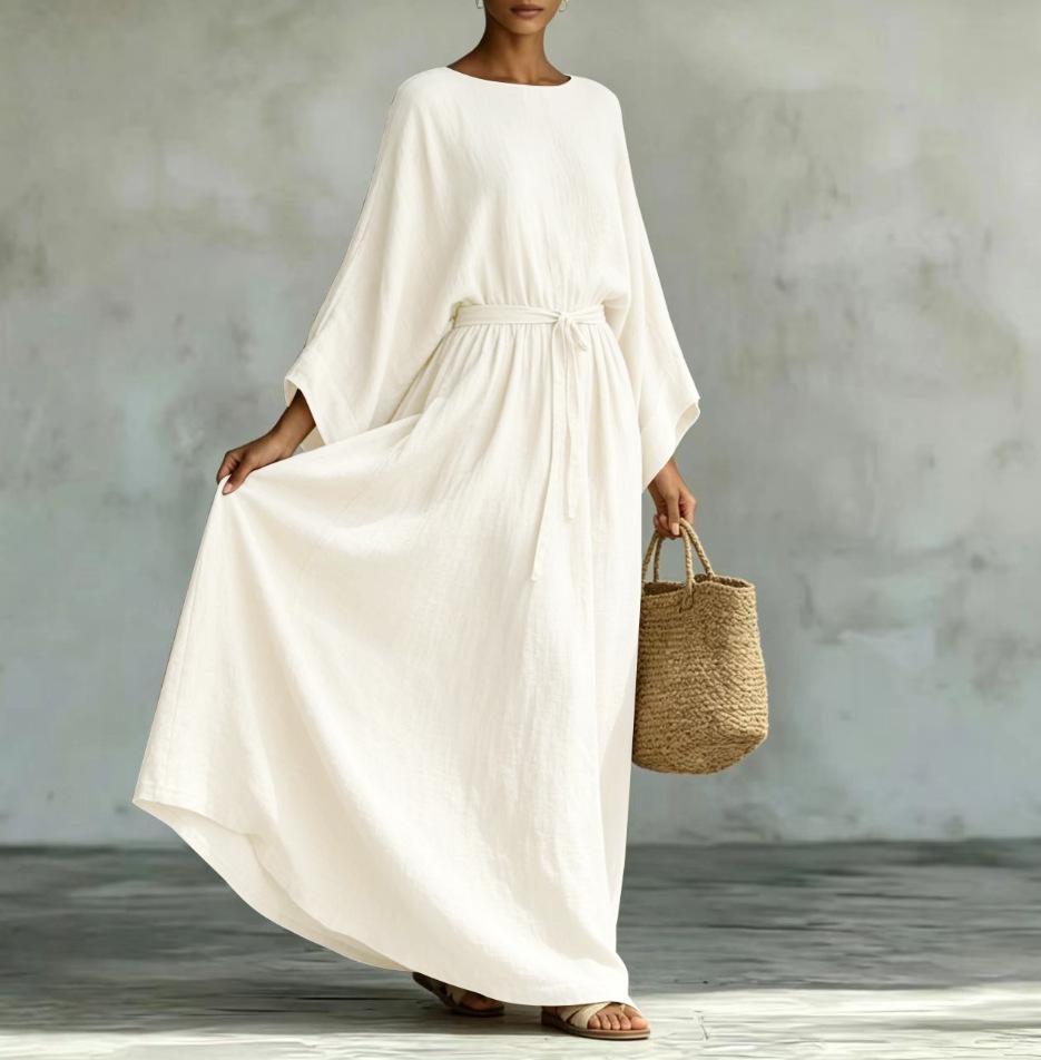 Women Beige Long Sleeve Plunge Neck Tie Waist Maxi Dress Casual Loose Cover Up
