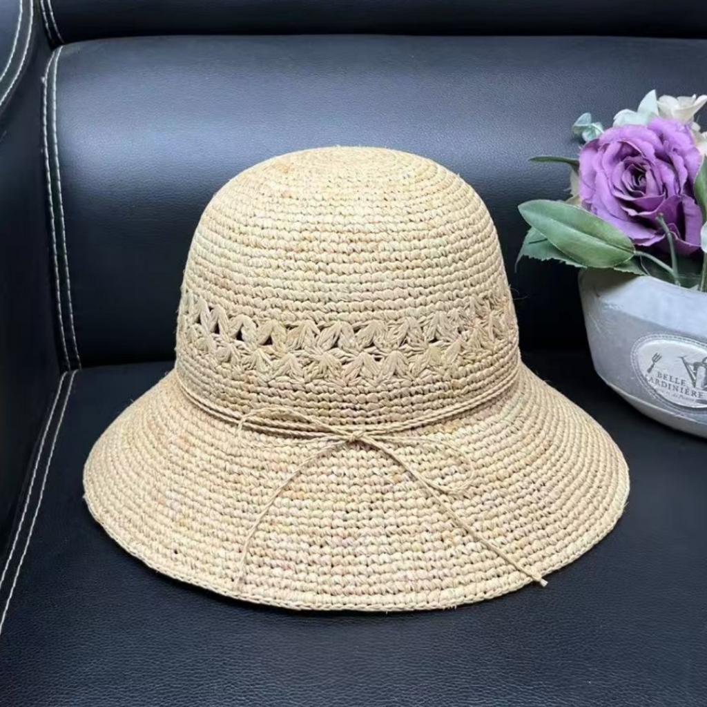 Day Single Lafite Straw Hat Women's Summer Visor Travel Embroidery Pattern Bow Bucket Hat Basin Hat Beach Hat