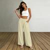 Damen High Waist Wide Leg Hose mit elastischem Bund Lockerer Schnitt Leichter fließender Stoff mit Taschen für Freizeitkleidung