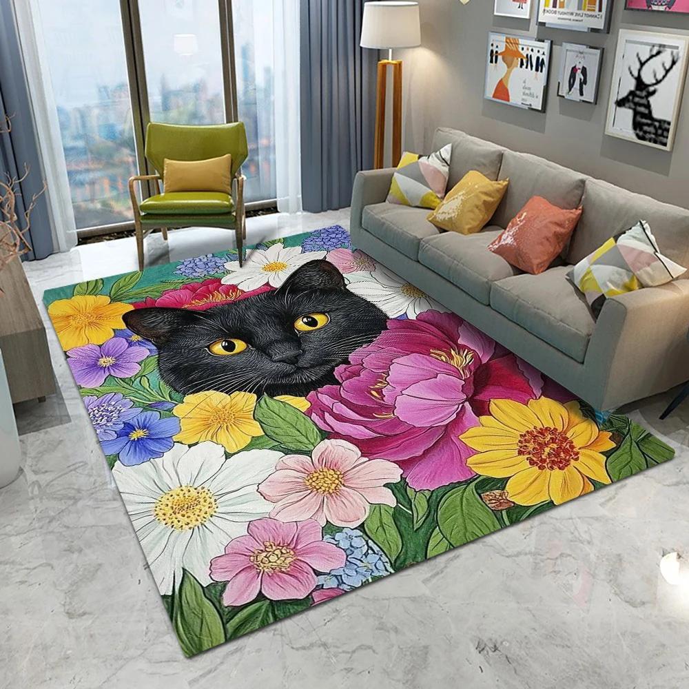 Cute Cat Flowers Carpet Cartoon Living Room Bedroom Kitchen Sofa Entrance Rug Non-slip Washable Home Beautiful Girl Decor Mat