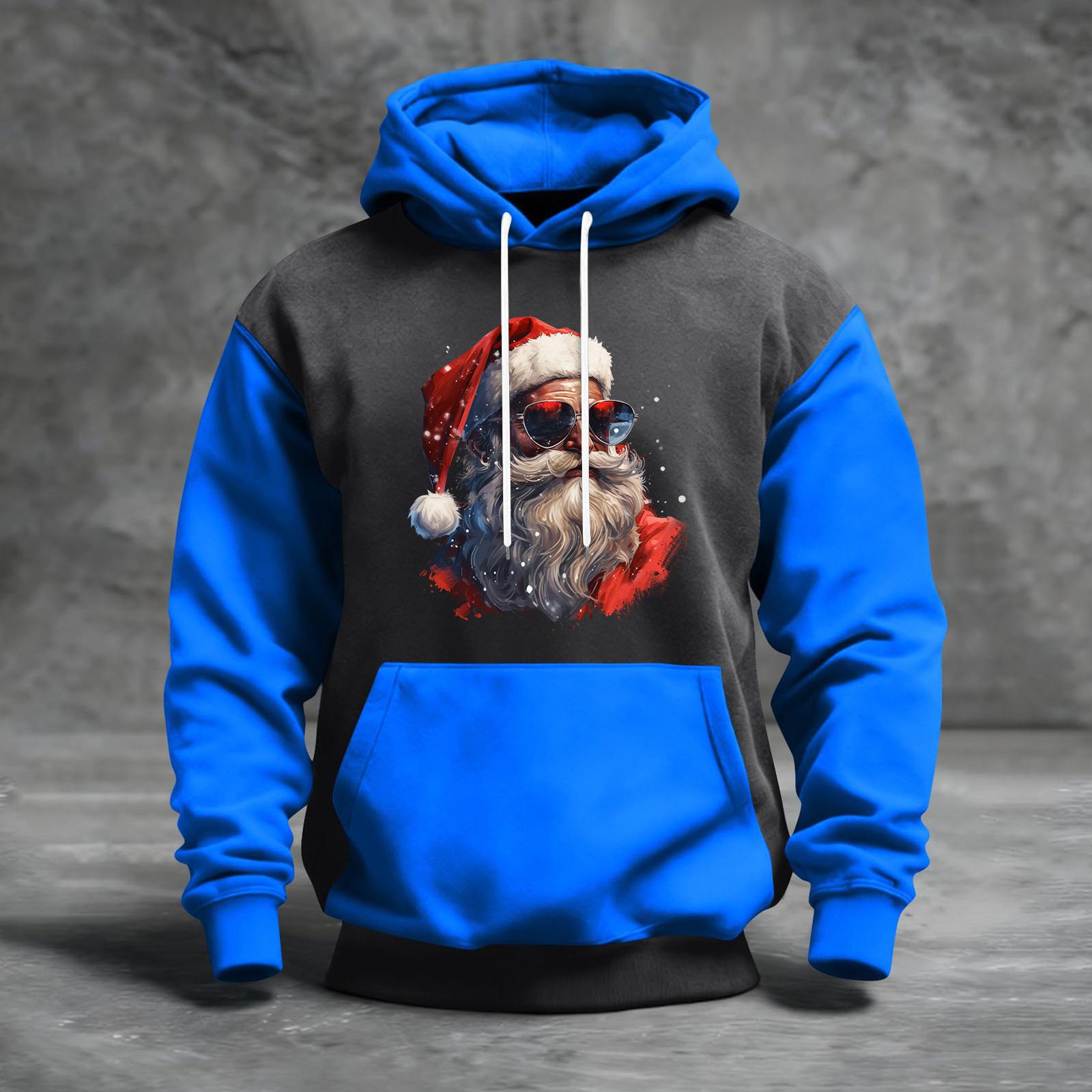 

Чоловічий худі з різдвяним принтом, кольоровий блок, повсякденний спортивний комфортний світшот XXL синій