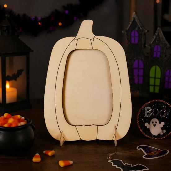 Unfertiger Holz-Fotohalter, Holz-Kürbisrahmen, Halloween-Erntedankfest DIY Bemalbarer Bastelartikel für Kinder, Leere Gedenk-Ausstellungs-Fotohalter