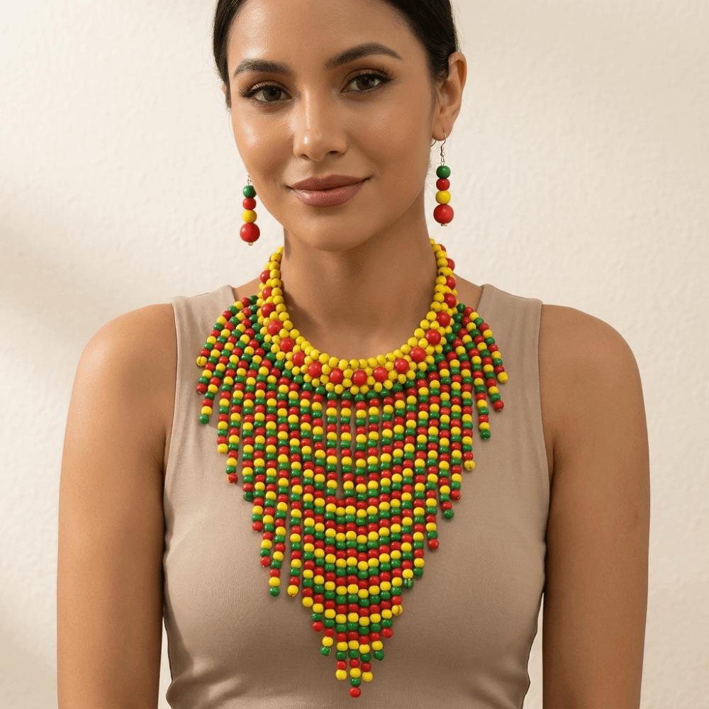 Handmade Necklace Earrings Set Wood Tassel Necklace Elegant Ear Studs  Ladies