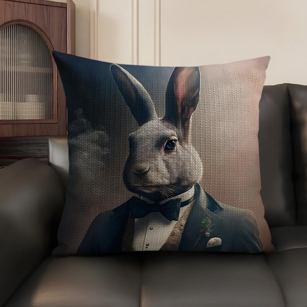 Rabbit Portrait Renaissance Cushion Cover Natural Linen Organic Fabric Double-Sided Printing Sofa Home Decor Gift Pillow Case