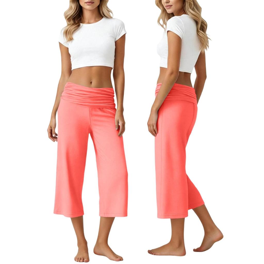 Womens Fold Over Cropped Pants Flared Bottom Fold Over Sweatpants Low Yoga Strechy Casual Wide Leg Sweatpant