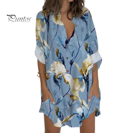 

Летнее женское платье с отложным воротником, V-образным вырезом, лацканами с длинными рукавами, карманами с цветочным принтом, свободная однобортная повседневная свободная мини-рубашка для повседневного ношения 2XL синий