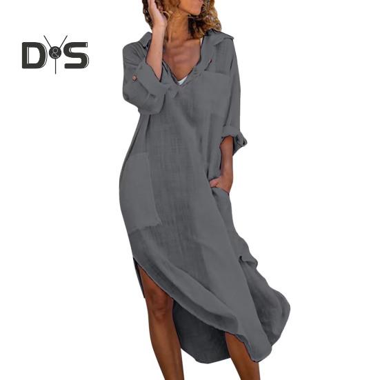 Women Summer Lapel V Neck Shirt Dress Solid Color Pockets Design Side Split Loose Fit Thin Midi Dress Beach Holiday Dress