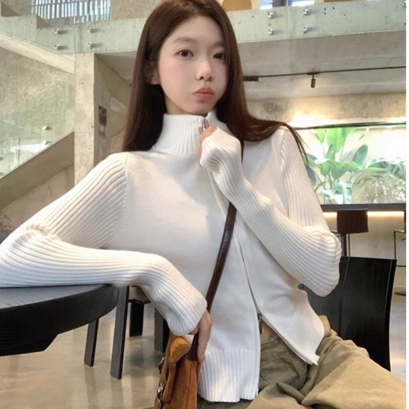 A New Slim, Loose and Short, Elegant Double-zipper Stand-up Collar Knitted Cardigan for Women