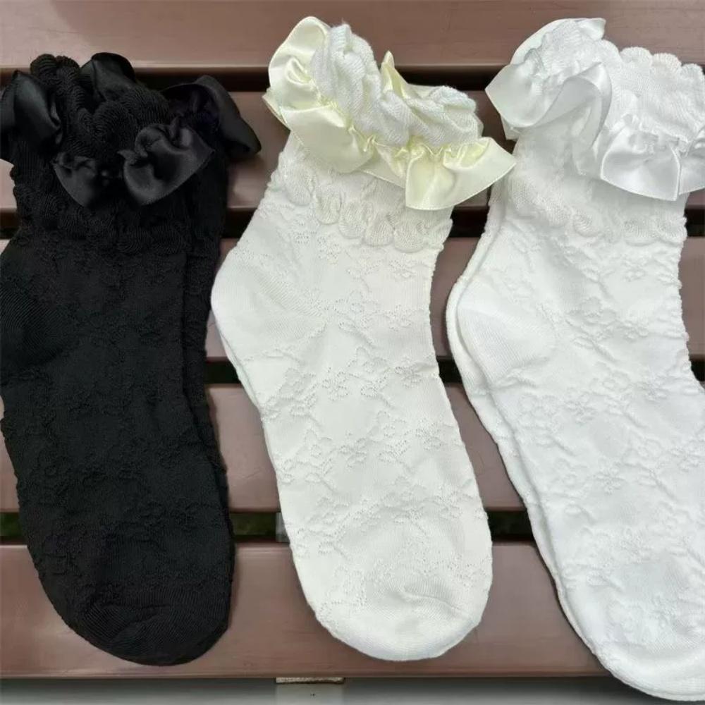 

3 Pairs Woman Lolita Cute Black White Socks Set Spring Summer Female Lady Girls Lace Kawaii Socks for Women One Size