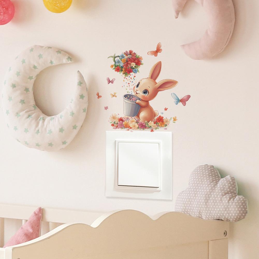 Switch Plate Stickers Cute Rabbit Flower Cartoon Wall Decor for Living Room Bedroom Self Adhesive Peel and Stick Removable Waterproof