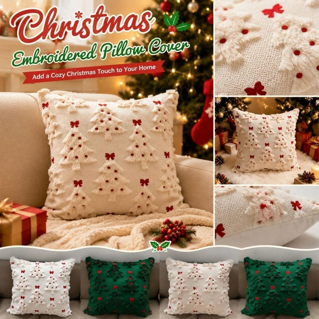 Christmas Embroidered Throw Pillow Cover 45x45cm Decorative Cushion Case with Textured Tree and Bow Patterns for Holiday Home Decor