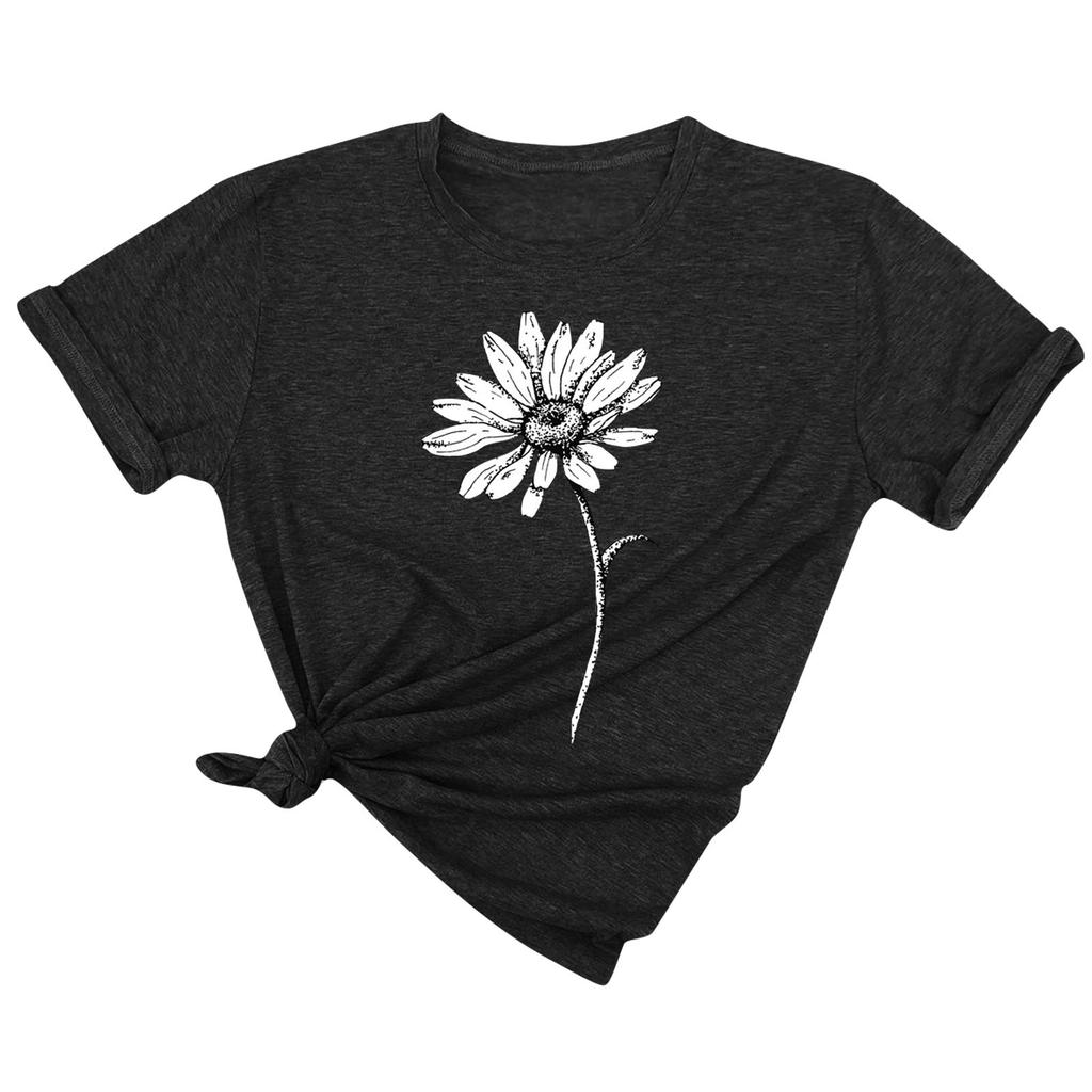 Women's Fashion Solid Color Round Neck Floral Print Pullover Casual T-Shirt