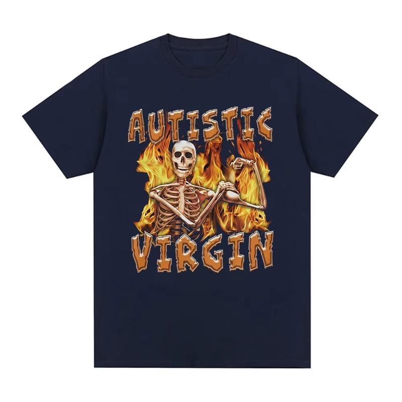 Autist Jungfrau Lustiger Skelett Autismus Meme T-Shirts Herrenbekleidung Vintage Gothic Kurzarm T-Shirt Baumwolle Oversized T-Shirt