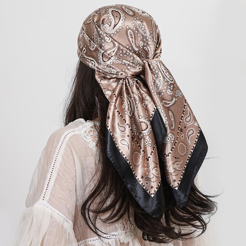 90cm Square Silk Scarves Women Hijab Shawls Paisley Cashew Flower Print Kerchief Femme Head Scarf Foulard Bandana Beach Pareo