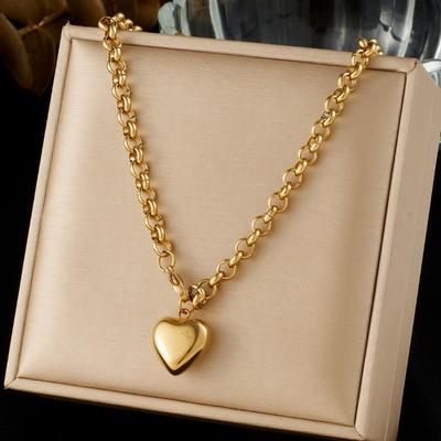 Gold Plated Chunky Rolo Chain 3D Heart Pendant Necklace