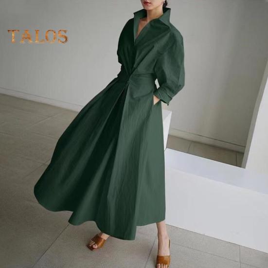 Dámské šaty s dlouhým rukávem na knoflíky, ležérní áčkové midi šaty, volného střihu, s klopovým límcem, dlouhé šaty do kanceláře, na večírky a na pláž