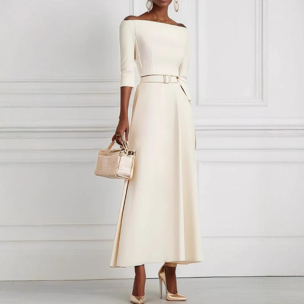 Women's clothing, spring and summer solid color fashion temperament waist one-word shoulder dress women