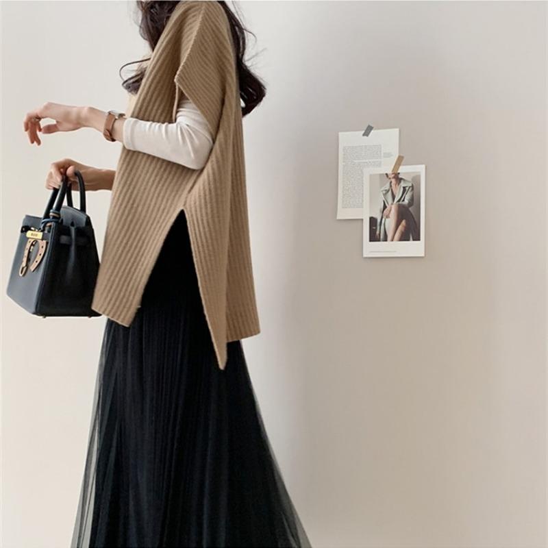 Autumn Solid Loose Short Sleeve Knitted Sweater Vest Women Fashion Winter Casual Pullover Knitwear Vests Woman Elegant Simple Sweaters Waistcoat 25095