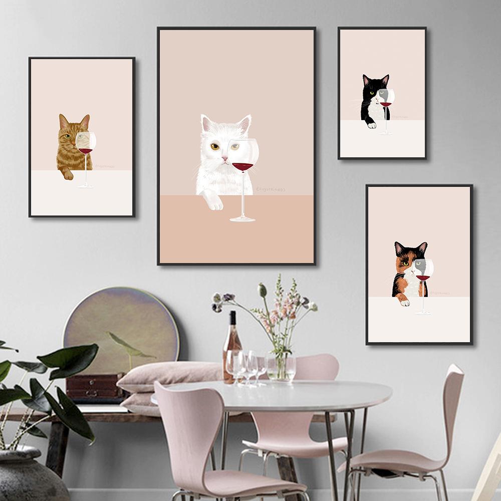 Funny Cat Poster White Cats Taste Red Wine Canvas Painting Cat Lover Gifts Kitchen Wall Art Pictures for Living Room Home Decor