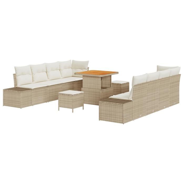 VidaXL Ensemble de canapé de jardin 11 pièces avec coussins Beige Rotin Poly Acacia 3364706