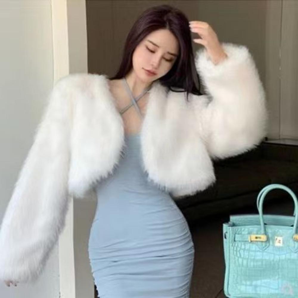 Winter Classic Temperament Lady Plush Short Coat Pure V-neck Casual Style Women's Fox Fur Coat