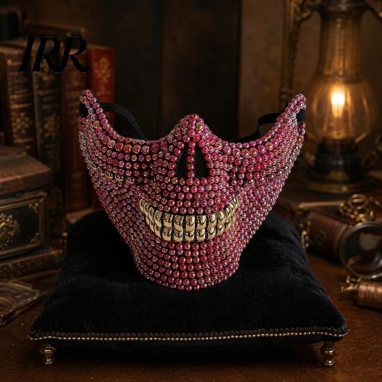 Diamond Skull Half Mask Halloween Face Mask, Rhinestone Punk Knight Masquerade Prop Resistant Bending Skeleton with Adjustable Straps, Lightweight