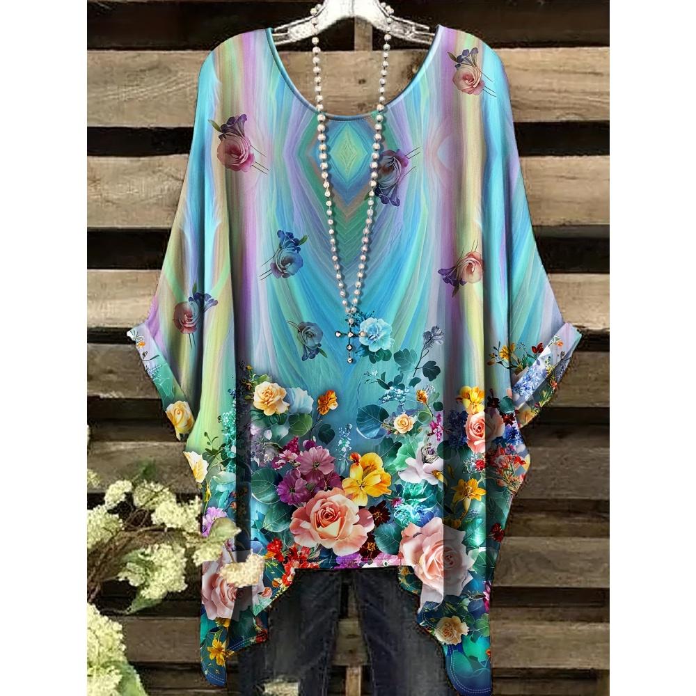 Damen Sommer Böhmisches T-Shirt mit Blumendruck Vintage Helllila Y2k Grafik Rundhals Kleidung Elegant Frau Kurzarm Top