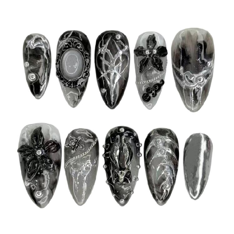 DIY Manicure Set Press On Manicure In Gothic Black Silver, Long Almond Shape, 12 Sizes, Adhesive Tabs and File for Dress-Up Looks At Home