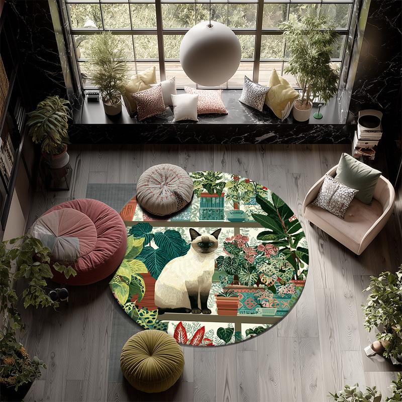 Plant Cat,Round Area Rug,Carpet Rug for Living Room Bedroom Sofa Playroom Decor,Non-slip Floor Mat