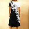 Robe Casual Modieuse Rétro Imprimée à Col Rond Manches Courtes Boutonnée Mi-Longue pour Femme
