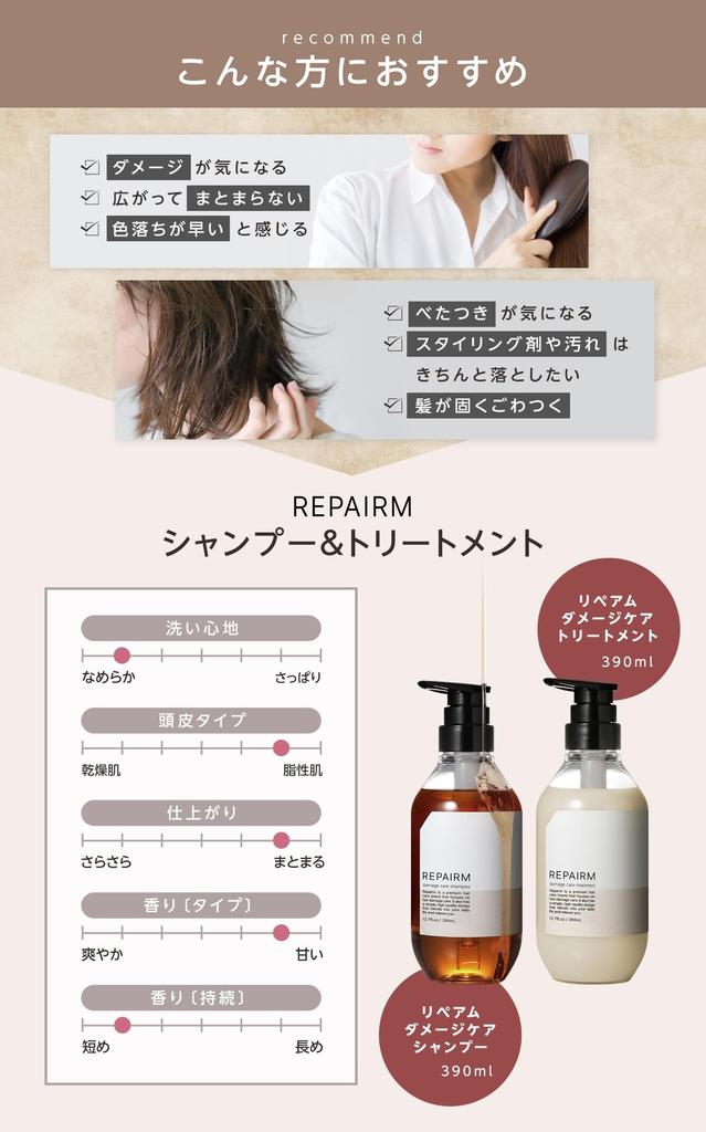 REPAIRM Shampoo and Treatment Set [Contains 15 Proteins for Damage Repair and Color Control] 390ml Bottle Set
