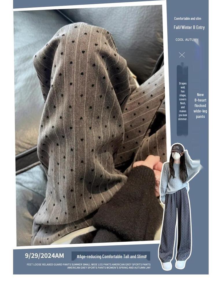 Retro High-Waisted Wide-Leg Heart Pants for Petite Women - Spring & Autumn 150 Cm Length