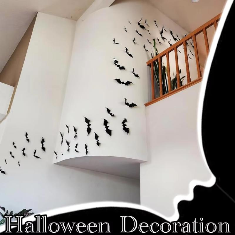 60Pcs 3D Waterproof Black Bats Spiders Wall Decor Halloween Decor PVC Black Bat Stickers Halloween Party Bats Windows Stickers