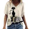 Cartoon Cat Women's T-shirts V-Neck Cute Cat 3D Print Short Sleeve Summer Kawaii Fashion Casual Tee Shirts Funny Femininity Clothes