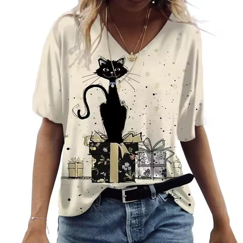 Cartoon Cat Women's T-shirts V-Neck Cute Cat 3D Print Short Sleeve Summer Kawaii Fashion Casual Tee Shirts Funny Femininity Clothes