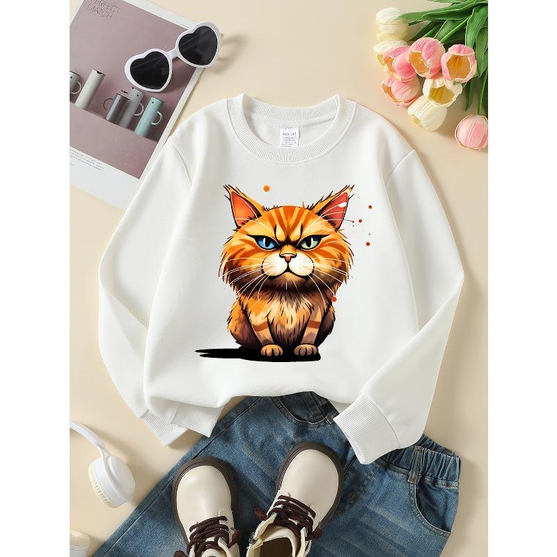 Kids Crewneck Sweatshirt, Angry Orange Cat Cartoon Creative Print,Daily Casual Top for Spring & Autumn