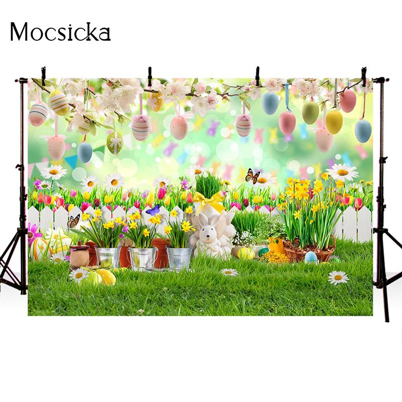 Mocsicka Spring Easter Photography Background Eggs Flowers Bunny Decoration Studio Props Children Portrait Photo Backdrop Banner