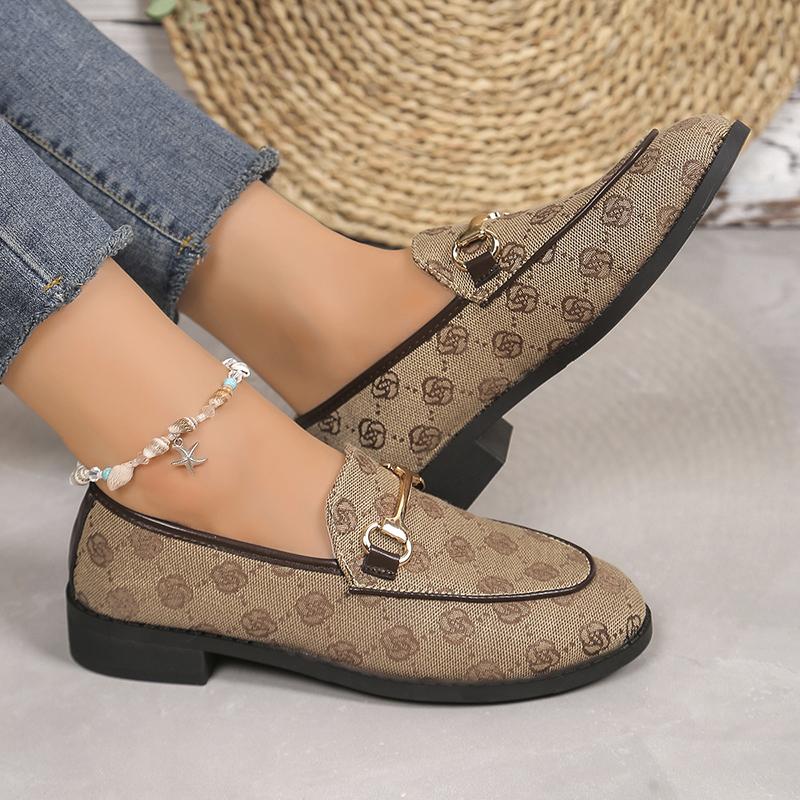 Fashion Print Med Heels Pumps Women 2025 New Metal Decoration Loafers Shoes Woman Slip-On Brand Design Square Heel Slingle Shoes