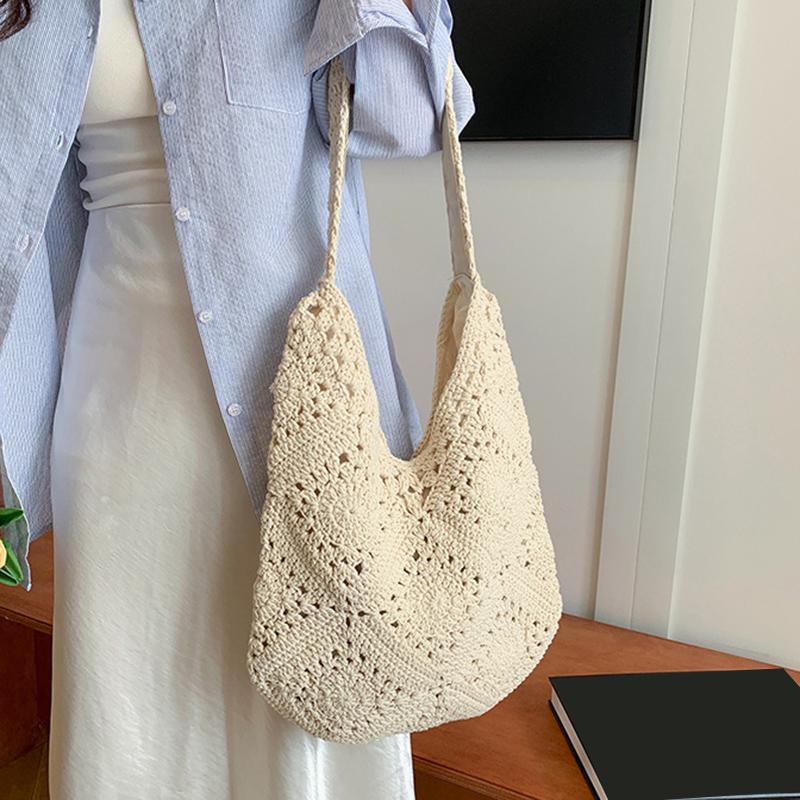 Women Woven Bag Chic Hobo Bag Large Capacity Weaving Shoulder Purse Stylish Hollow Out Handbag Vacation Bag