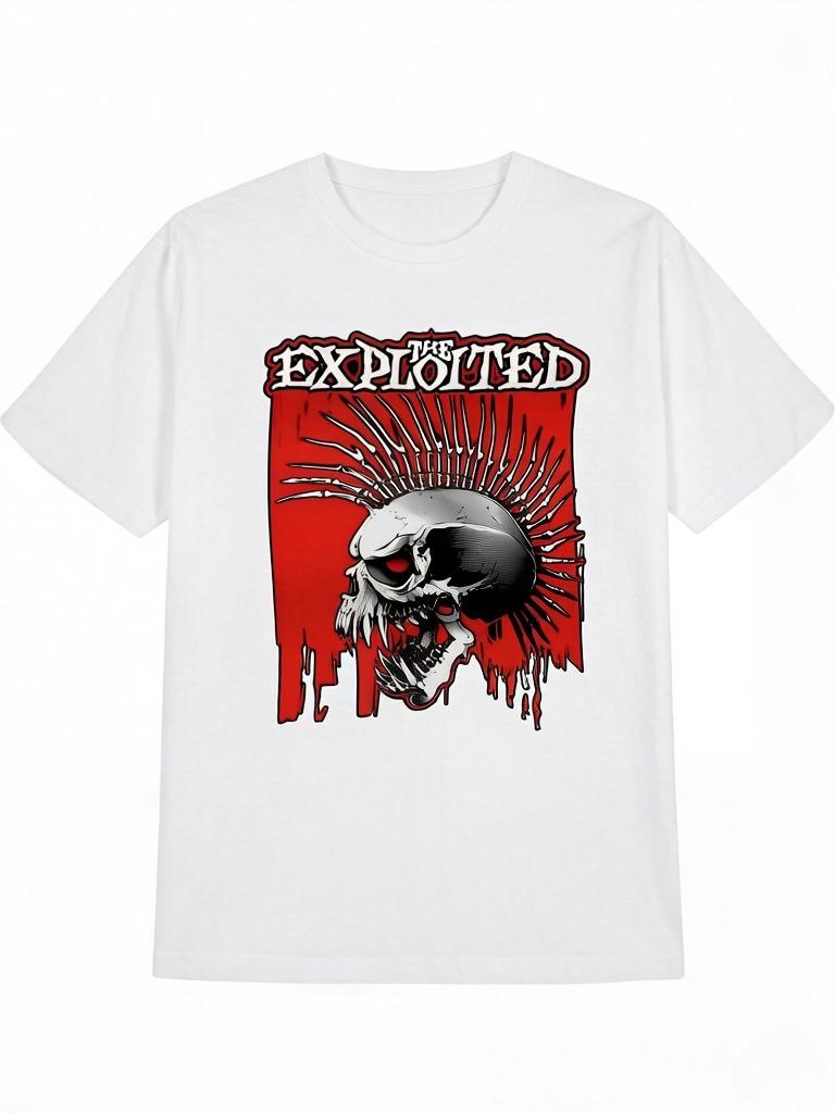 

Unisex Black TShirt with Skull and Spiked Design Exploited Graphic Red Background Casual Summer Tee Round Neck Unisex Clothing 2XL