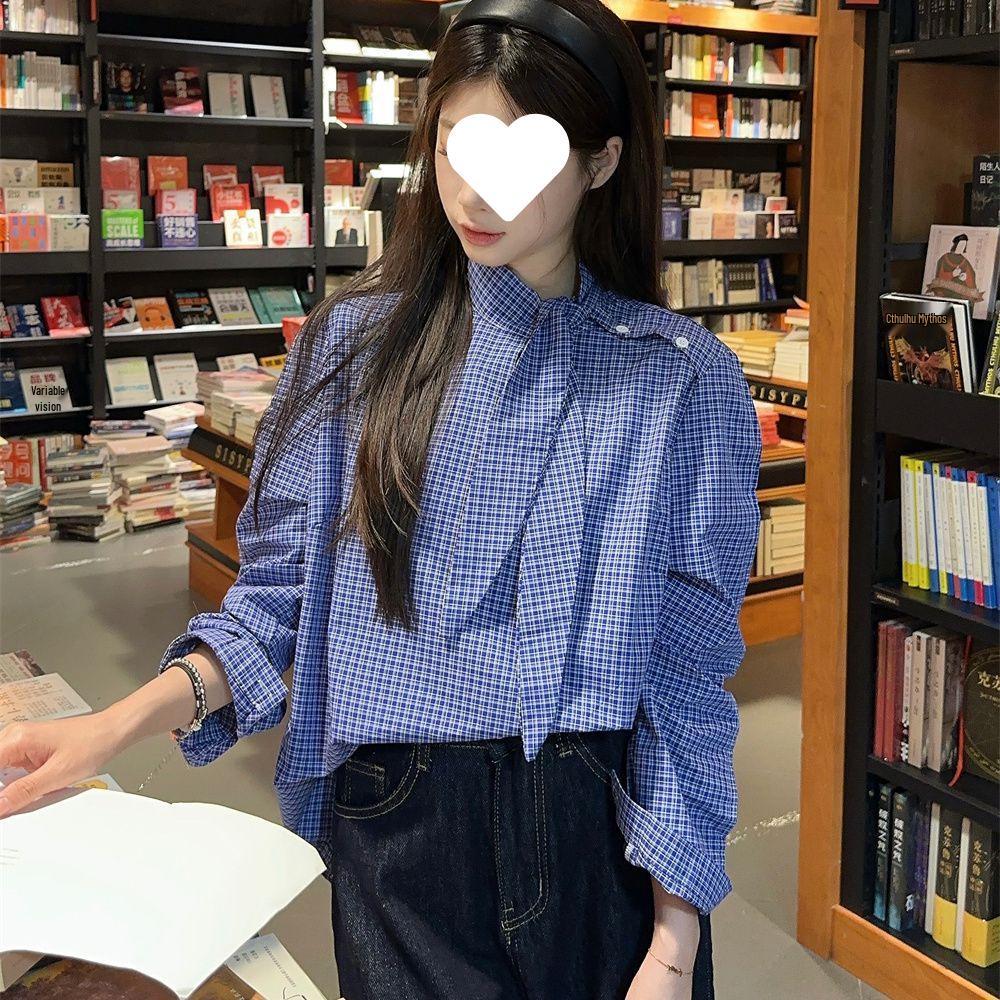 2025 Early Autumn Chic Plaid Bow Tie Lace-up Slimming Long Sleeve M (Recommended 90-105 jin)