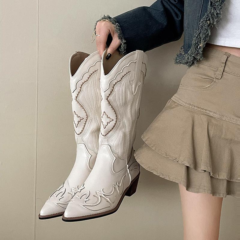 Fashion Women Boots 2025 Autumn New Embroidered Western Cowboy Boots Pointed Toe Thick Heel High Knee Boot Woman Long Boots High-quality