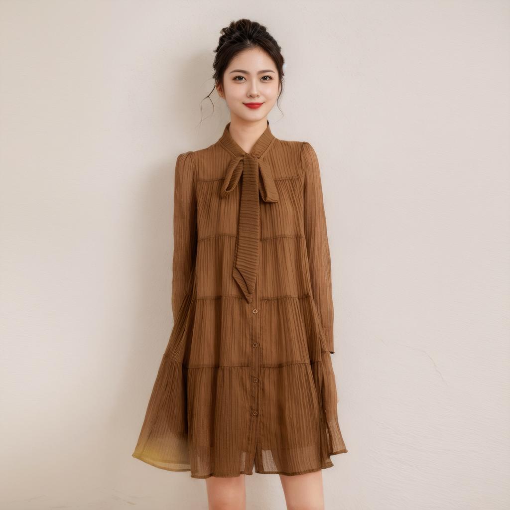 Spring Style Lace-up Bow Temperament Texture Long Sleeve Mid-length Women's Pleated Dress