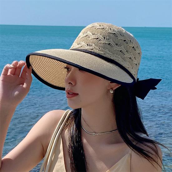Hollow Out Round Dome Straw Hat Back Bowknot Decor Folding Wide Large Brim Pure Color Beach Hat Fashion Accessories