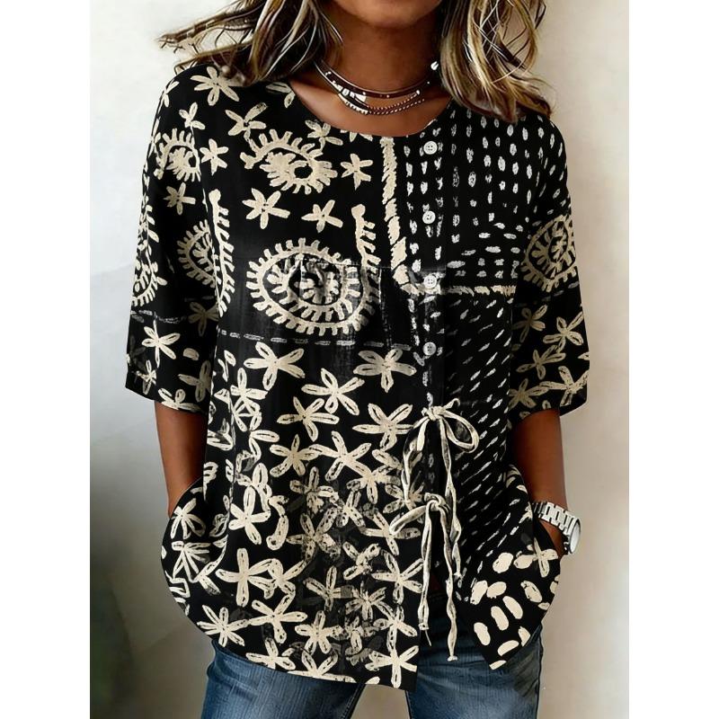 Women's Abstract Batik Print Casual Blouse, Button Tie Front Loose Top with Pockets for Spring Summer Daily Wear