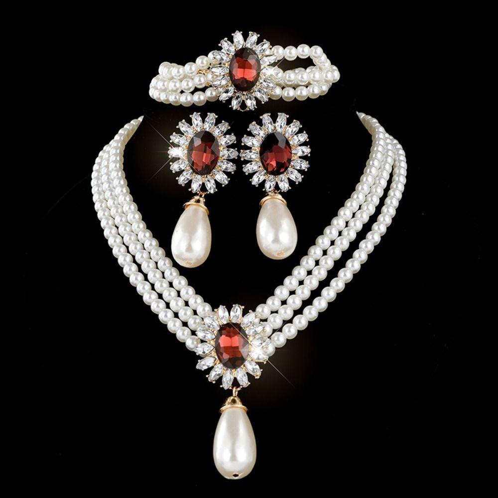 Inlaid Rhinestone Multilayer Jewelry Set Shining Clavicle Chain Pearl Necklace Earring Set Bridal
