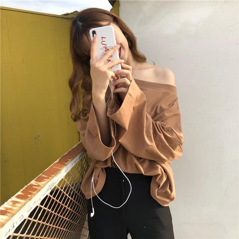 

Свободная футболка с длинным рукавом на одно плечо для женщин, новая корейская женская свободная футболка с длинными рукавами, повседневная базовая рубашка, толстовка для женщин One siz
